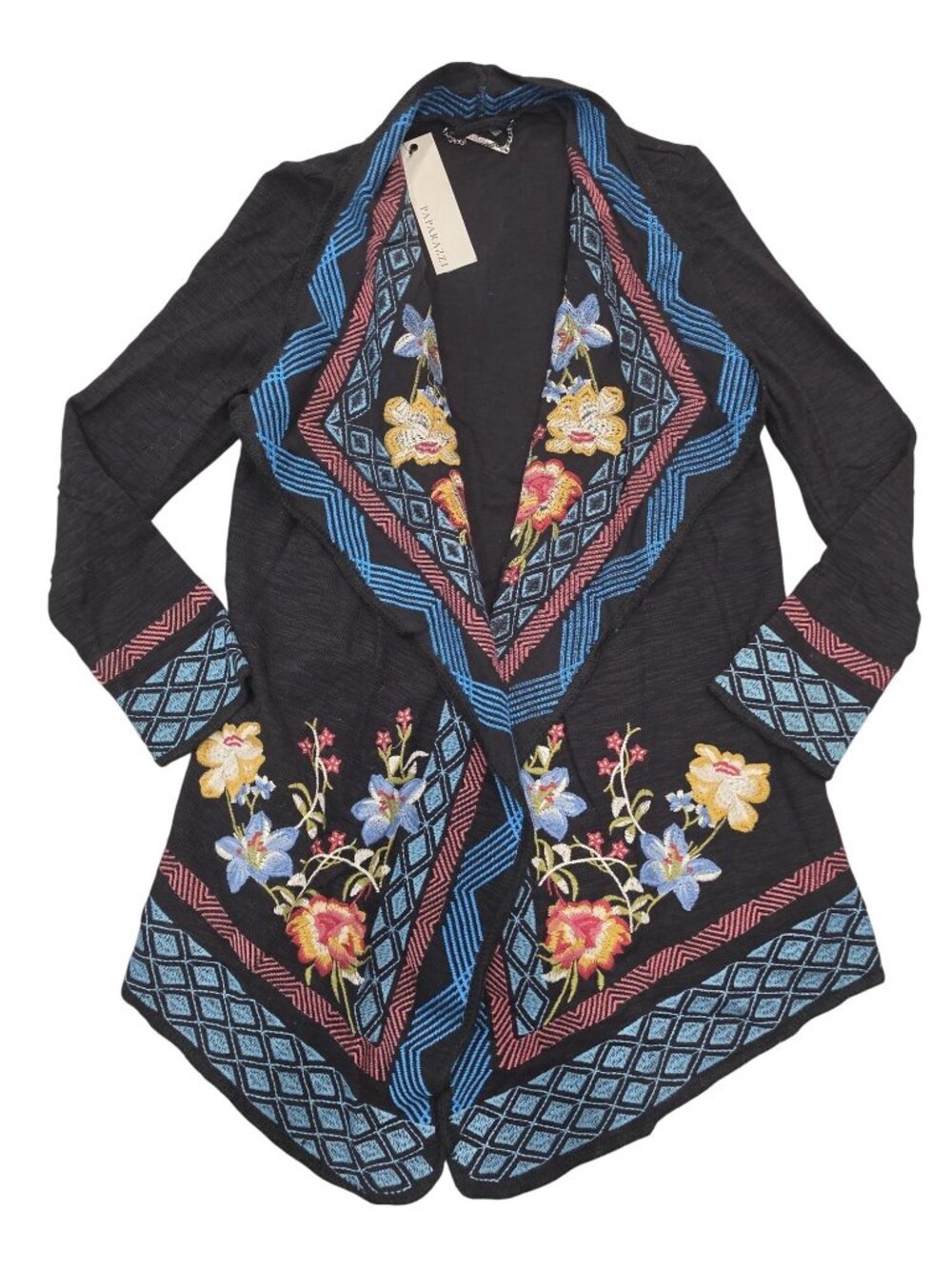 Paparazzi NWT Embroidered Open-Front Black Cardigan With Floral Accent Tribal SM - Picture 5 of 7